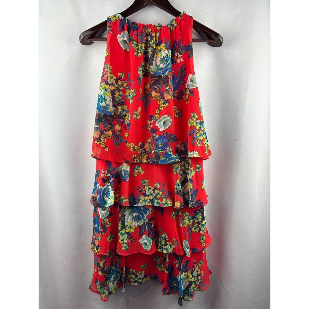 Women’s Chetta B Size 10 Bright Orange Halter Midi Dress w/ Blue Florals - Picture 3 of 5
